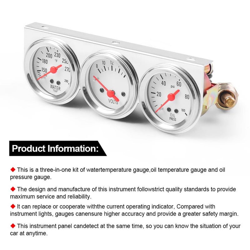Dyno Racing 2inch 52MM Triple Gauge kit Volt Meter Water Temp Temperature Gauge Oil Press Pressure Gauge Car Meter Triple Gauge Set - Image 2
